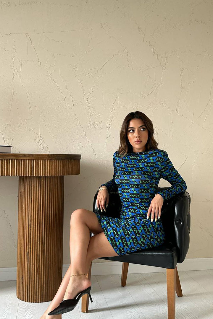 ELS Toptan Mavi Pilise Desenli Elbise - Ilioúpoli