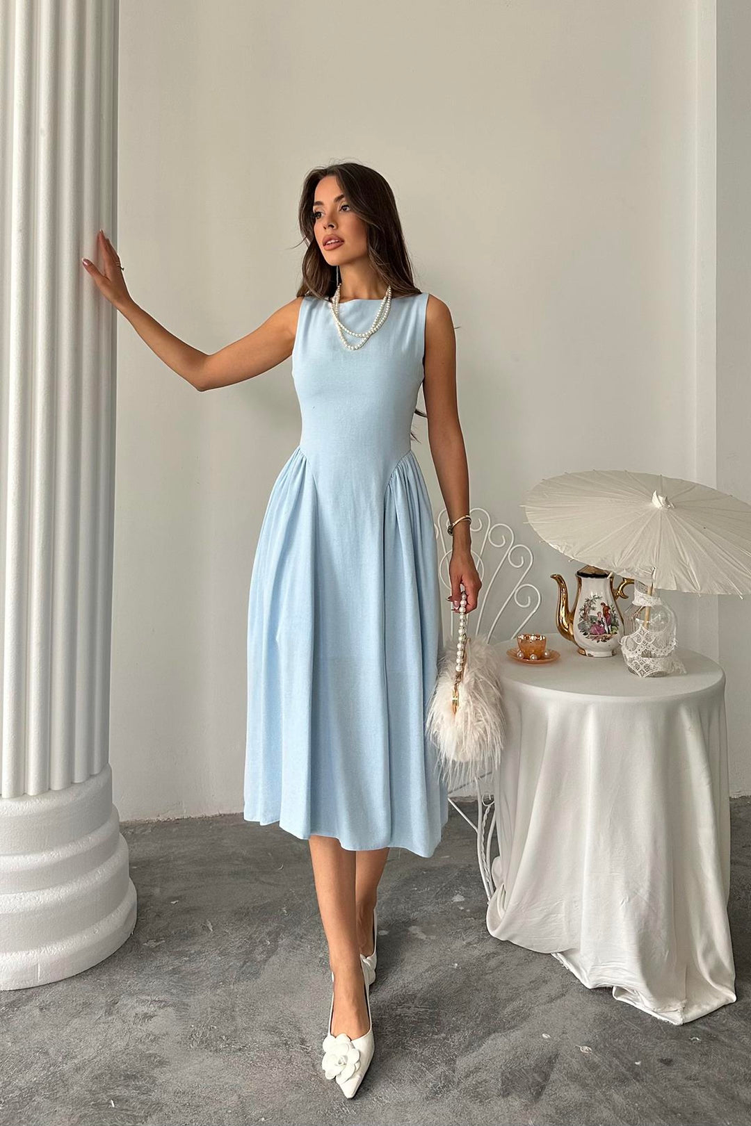 ELS Wholesale Blue Side Ruched Midi Linen Dress - Zapopan
