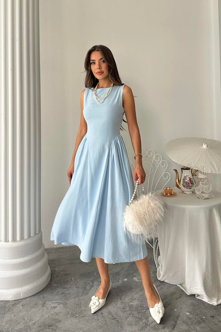 ELS Wholesale Blue Side Ruched Midi Linen Dress - Zapopan