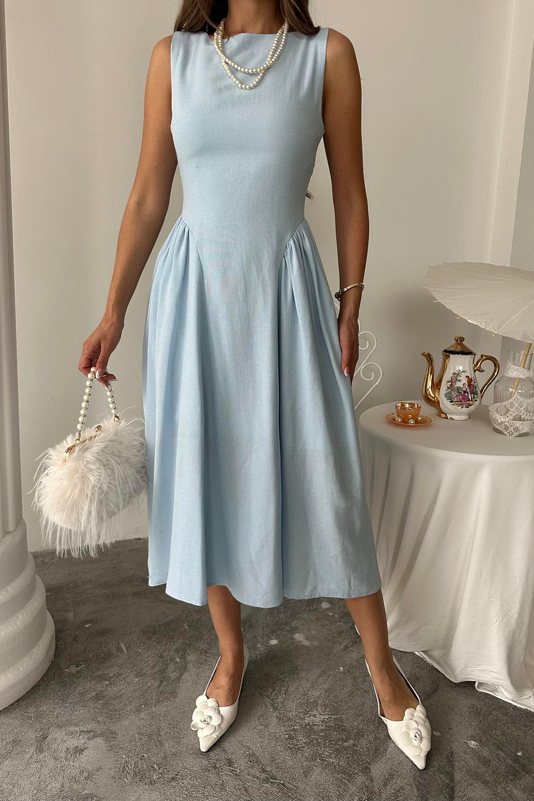 ELS Wholesale Blue Side Ruched Midi Linen Dress - Zapopan