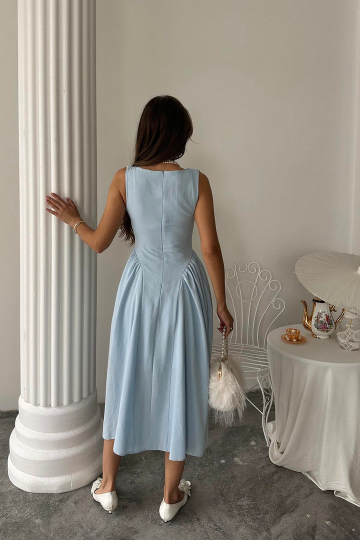 ELS Wholesale Blue Side Ruched Midi Linen Dress - Zapopan