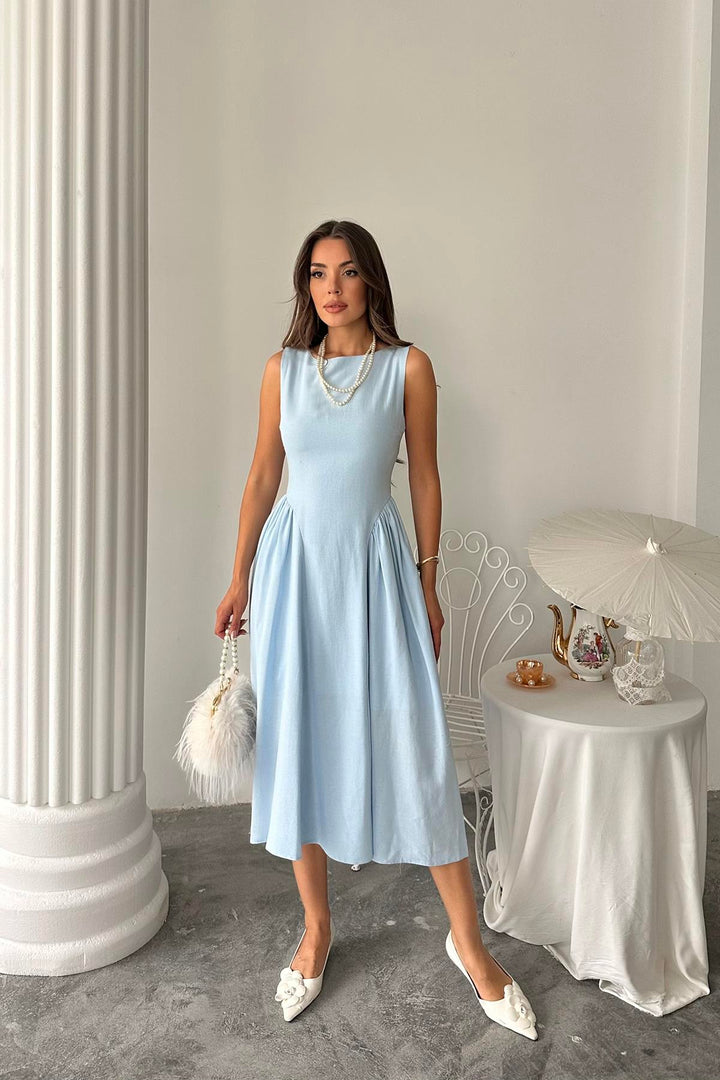 ELS Wholesale Blue Side Ruched Midi Linen Dress - Zapopan