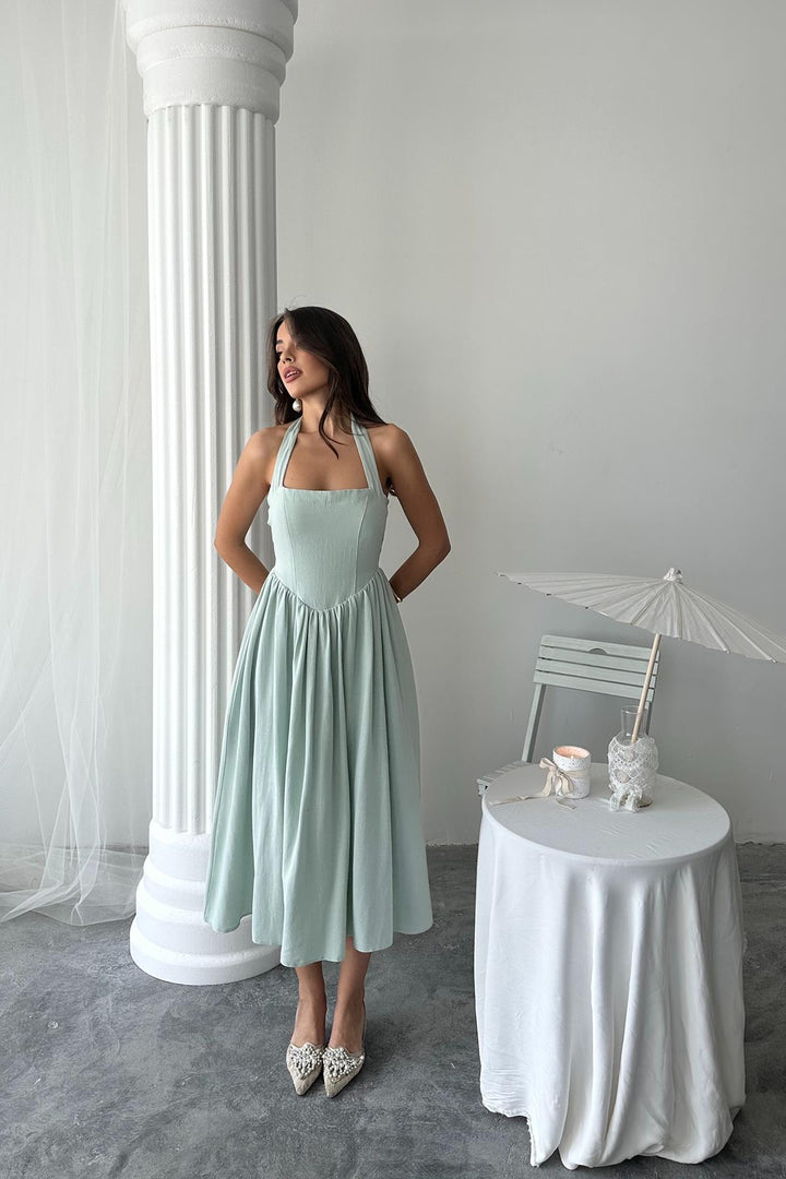 ELS Wholesale Linen Dress with Mint Necktie - Évry