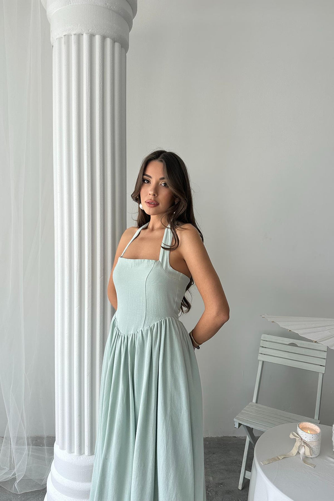 ELS Wholesale Linen Dress with Mint Necktie - Évry