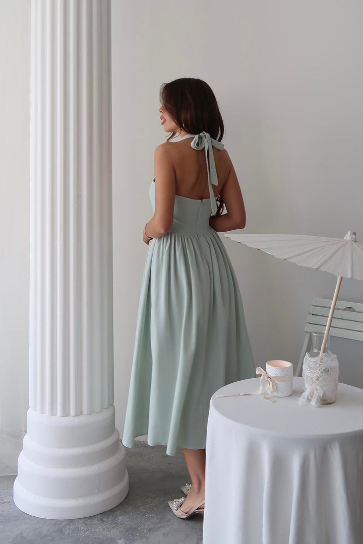 ELS Wholesale Linen Dress with Mint Necktie - Évry