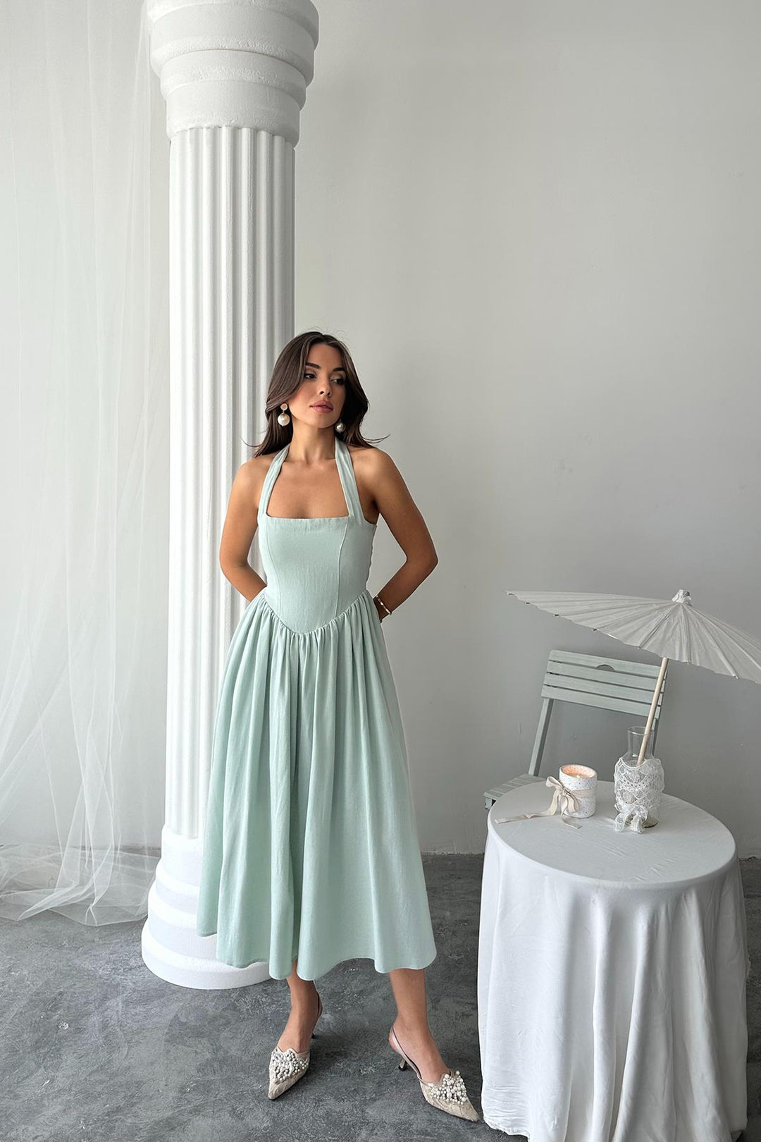 ELS Wholesale Linen Dress with Mint Necktie - Évry