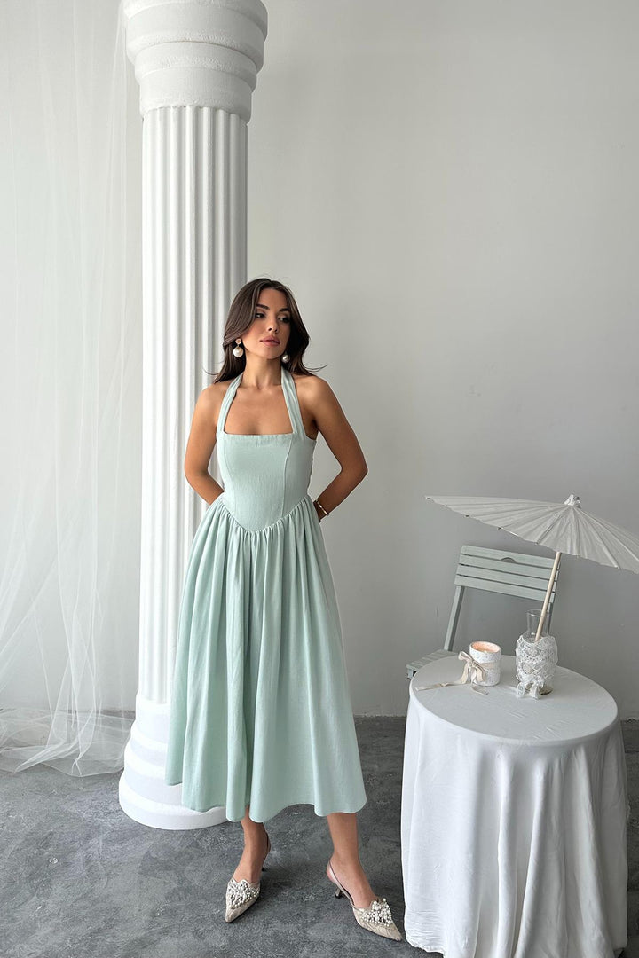 ELS Wholesale Linen Dress with Mint Necktie - Évry