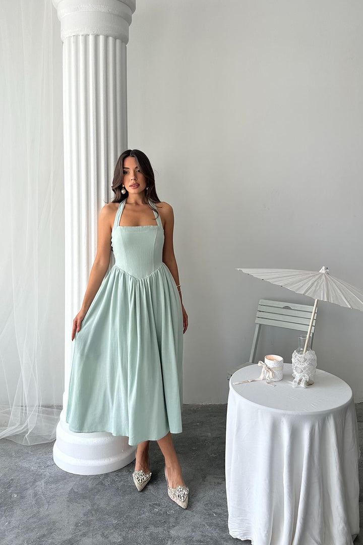 ELS Wholesale Linen Dress with Mint Necktie - Évry