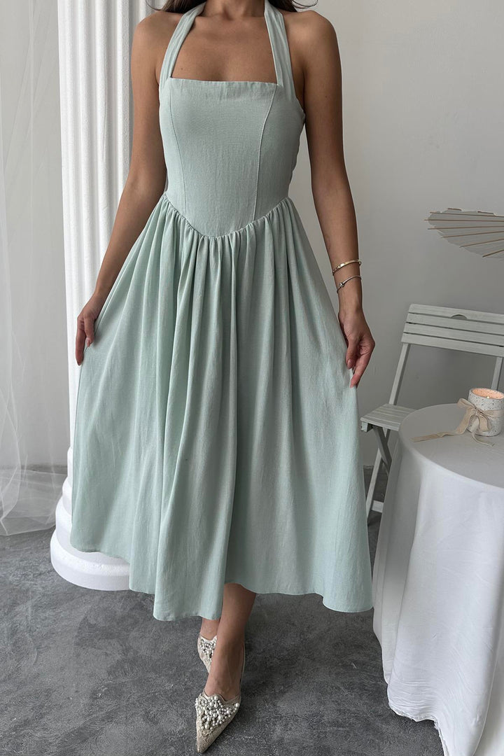 ELS Wholesale Linen Dress with Mint Necktie - Évry