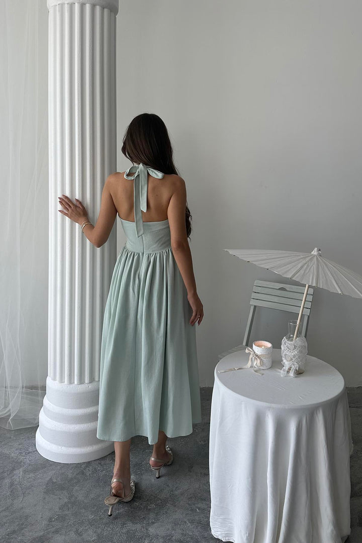 ELS Wholesale Linen Dress with Mint Necktie - Évry