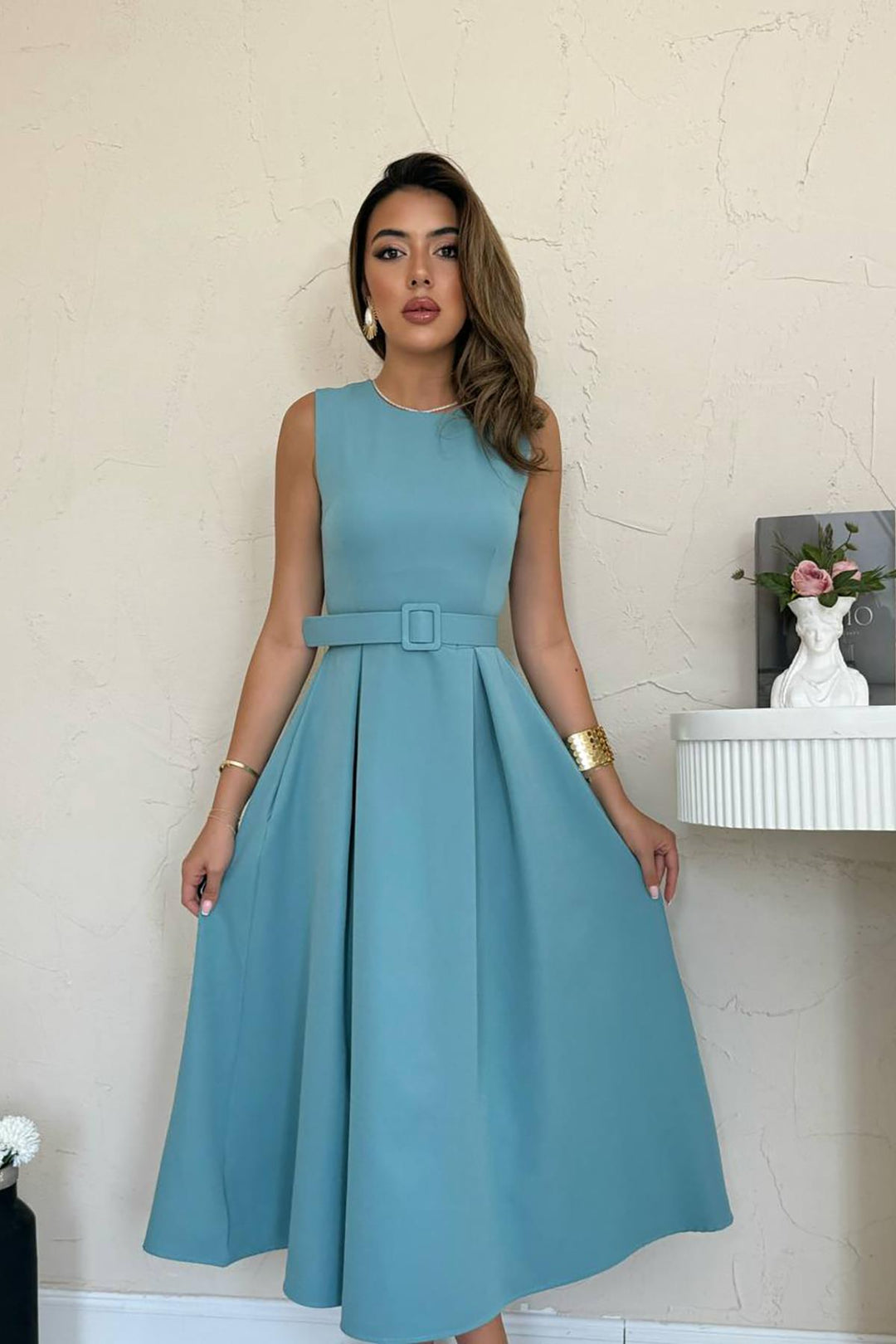 ELS Toptan Mint Halter Yaka Kloş Elbise - Satu Mare