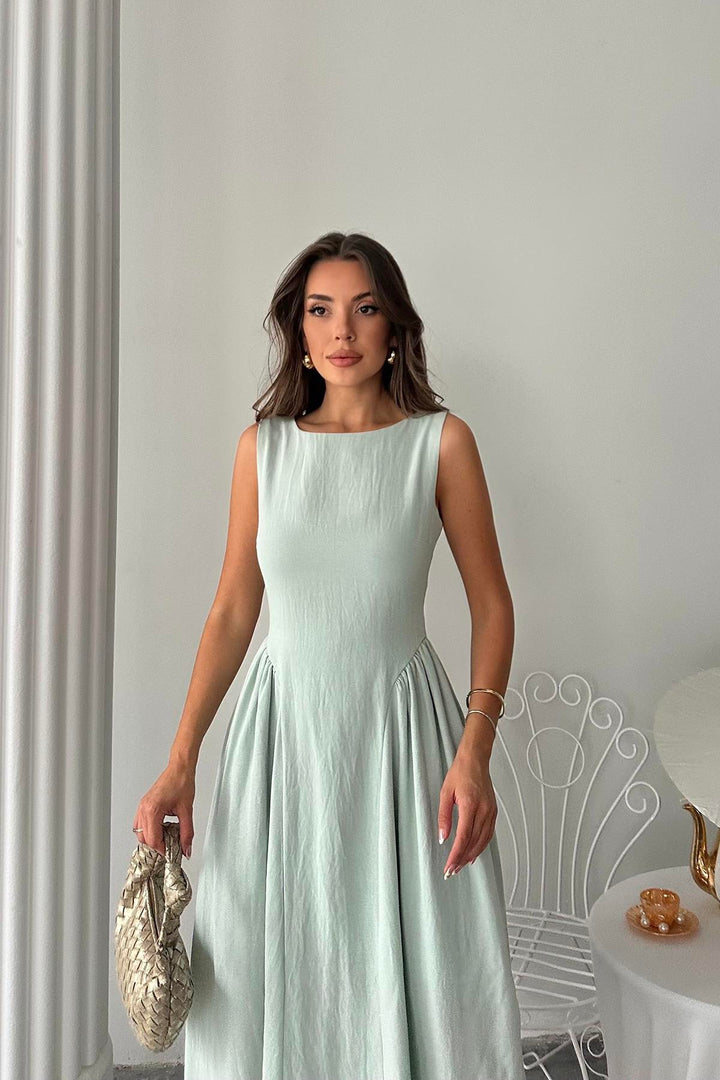 ELS Wholesale Mint Side Ruched Midi Linen Dress - Pryluky