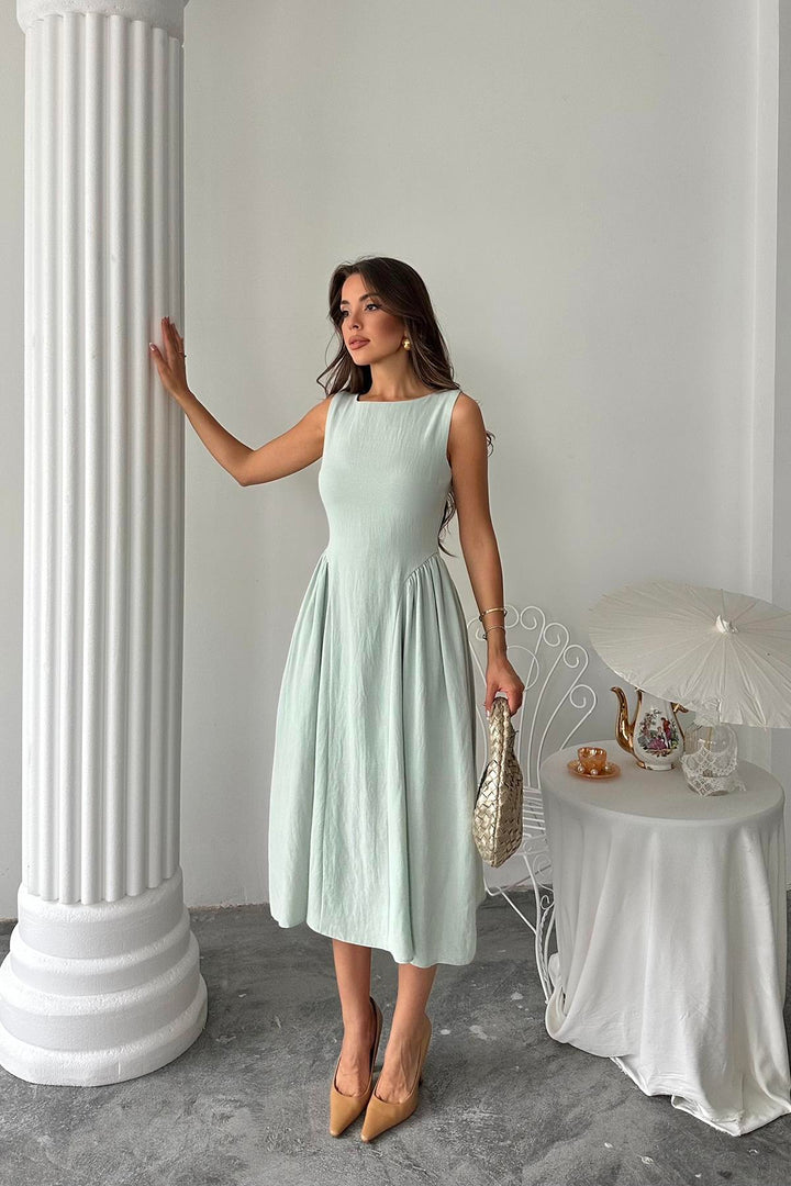 ELS Wholesale Mint Side Ruched Midi Linen Dress - Pryluky