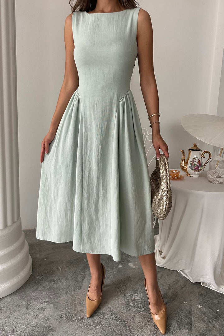ELS Wholesale Mint Side Ruched Midi Linen Dress - Pryluky