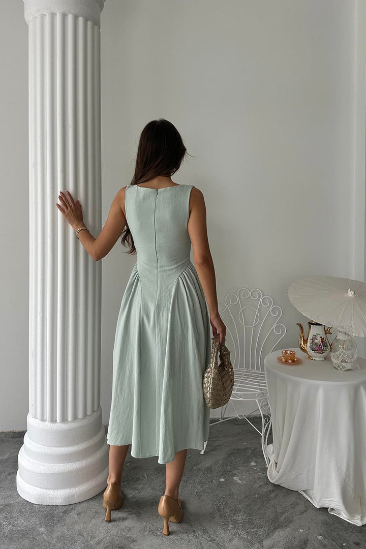 ELS Wholesale Mint Side Ruched Midi Linen Dress - Pryluky