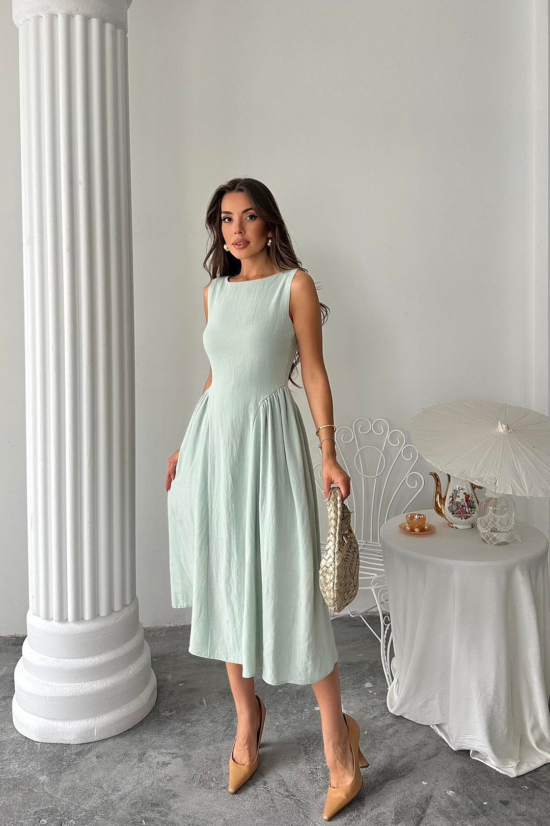 ELS Wholesale Mint Side Ruched Midi Linen Dress - Pryluky