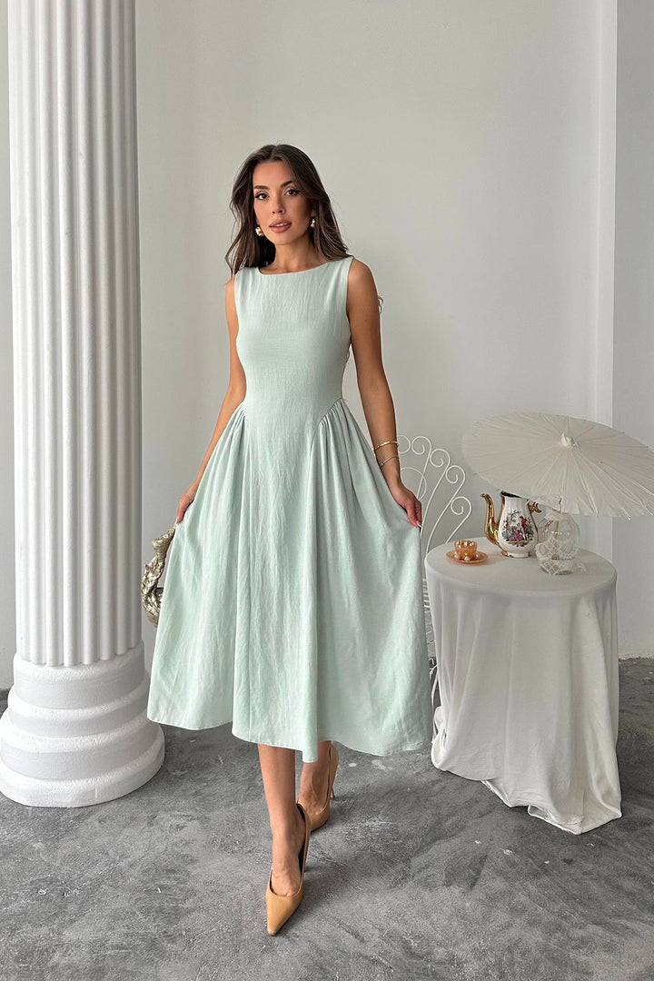 ELS Wholesale Mint Side Ruched Midi Linen Dress - Pryluky