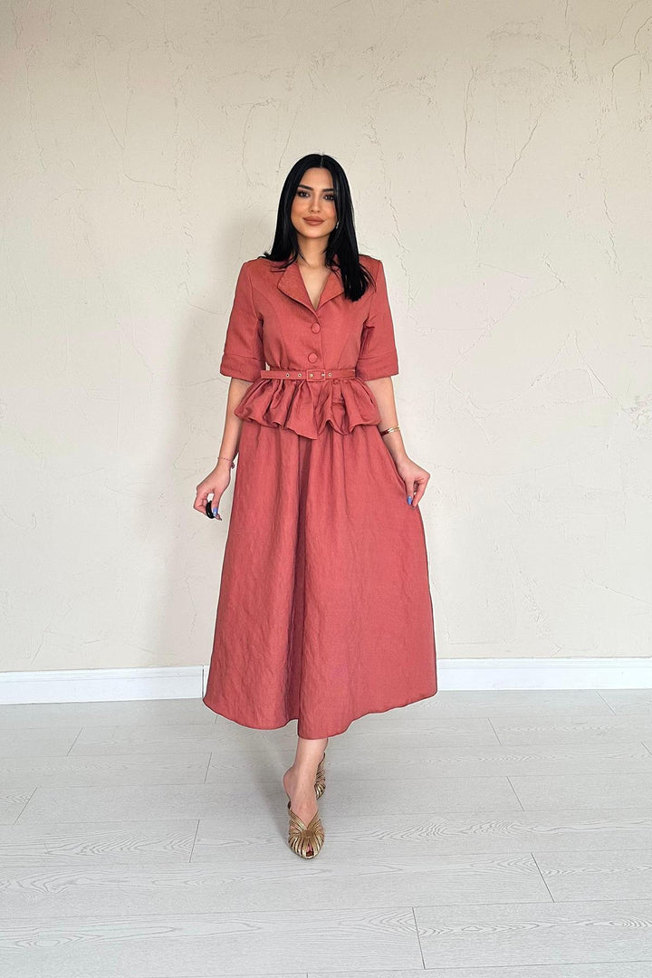 ELS Wholesale Moccah Slim Belted Ruffled Jacket and Ruched Skirt Set - Altrincham