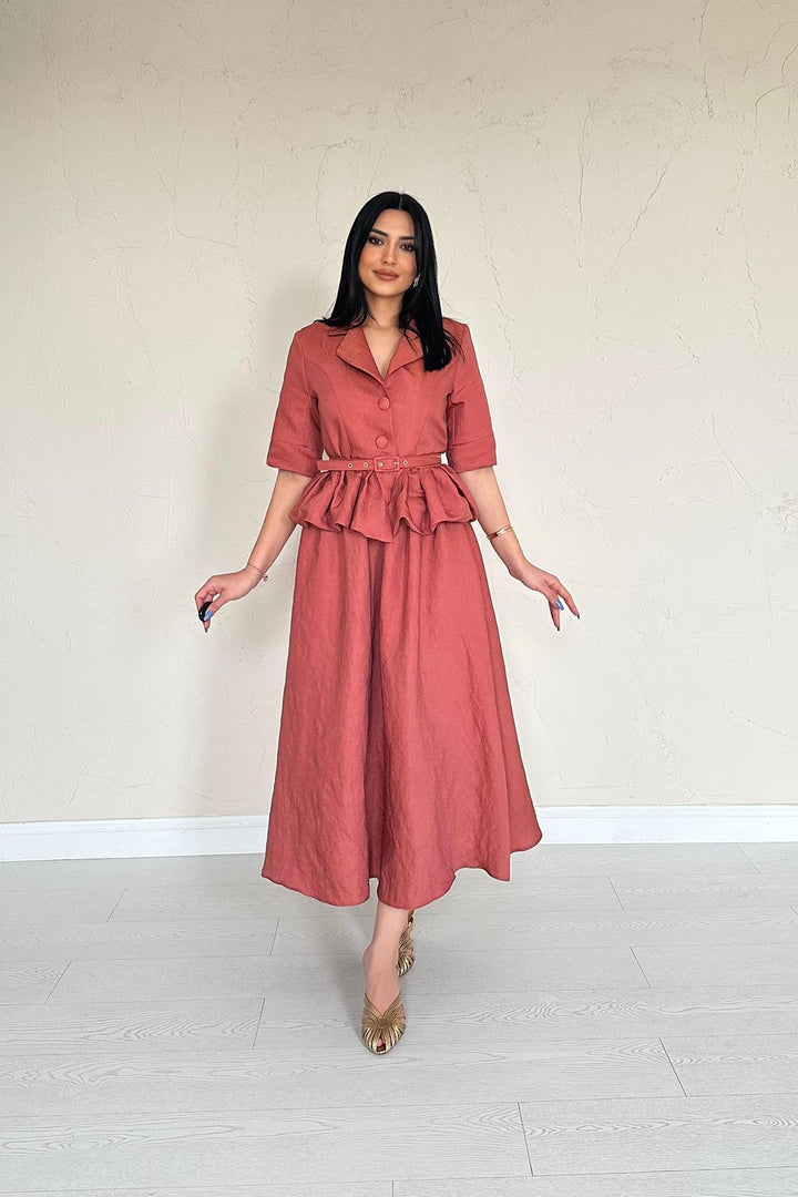 ELS Wholesale Moccah Slim Belted Ruffled Jacket and Ruched Skirt Set - Altrincham