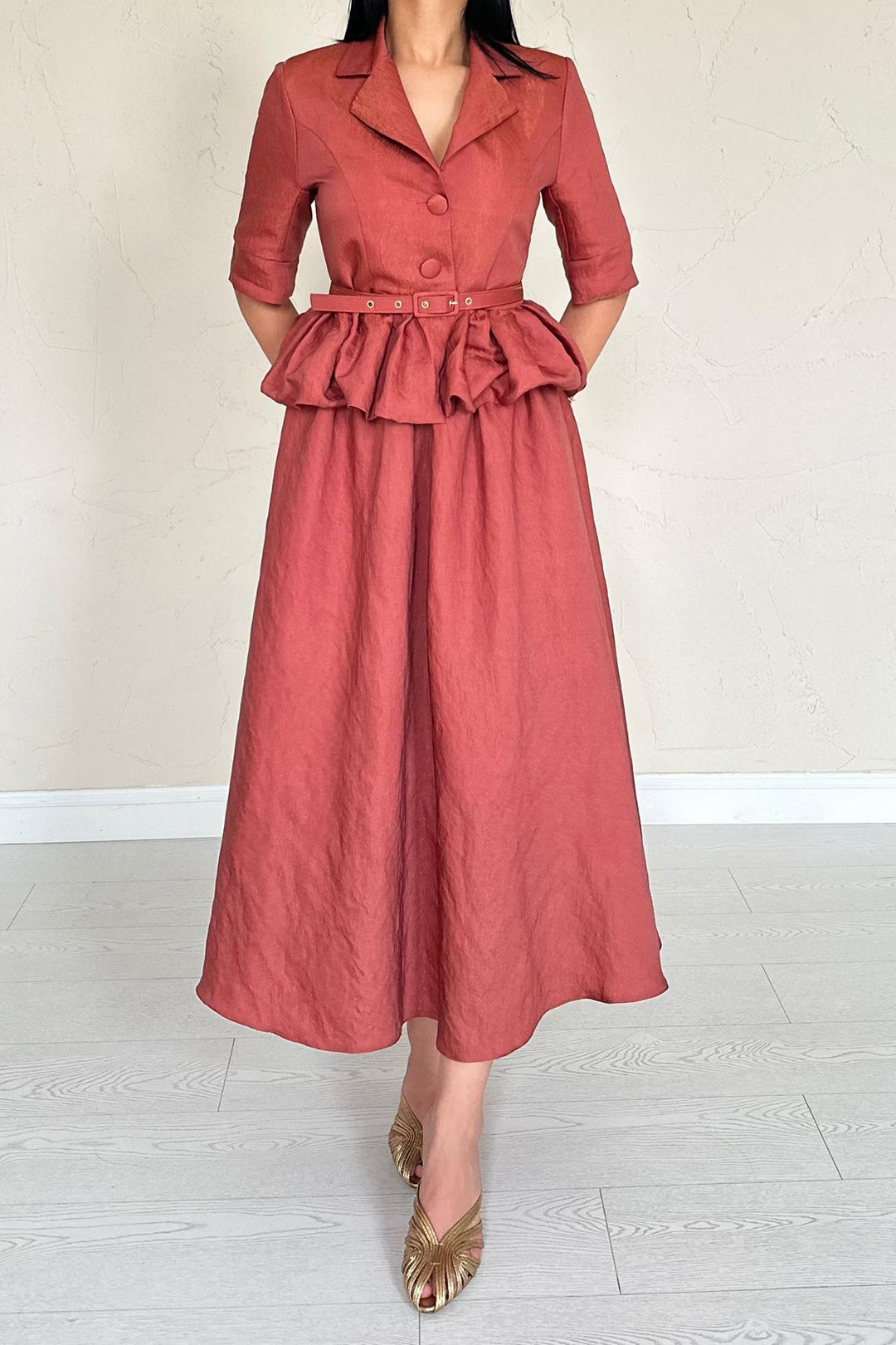 ELS Wholesale Moccah Slim Belted Ruffled Jacket and Ruched Skirt Set - Altrincham