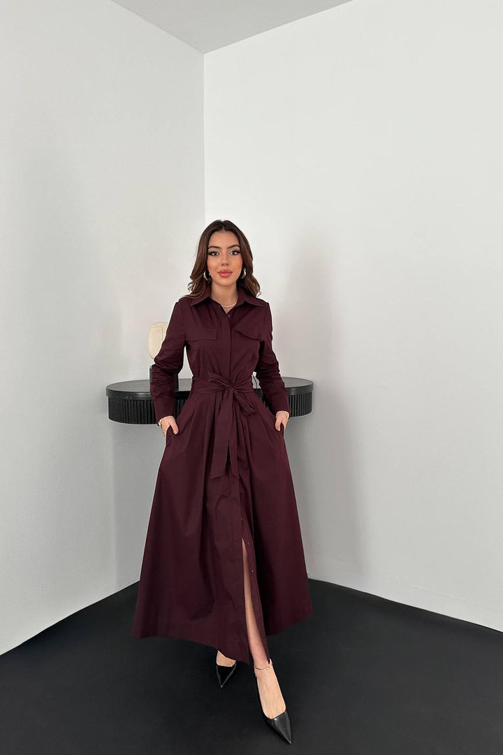 ELS Toptan Mürdüm Düğmeli Poplin Elbise - Richmond