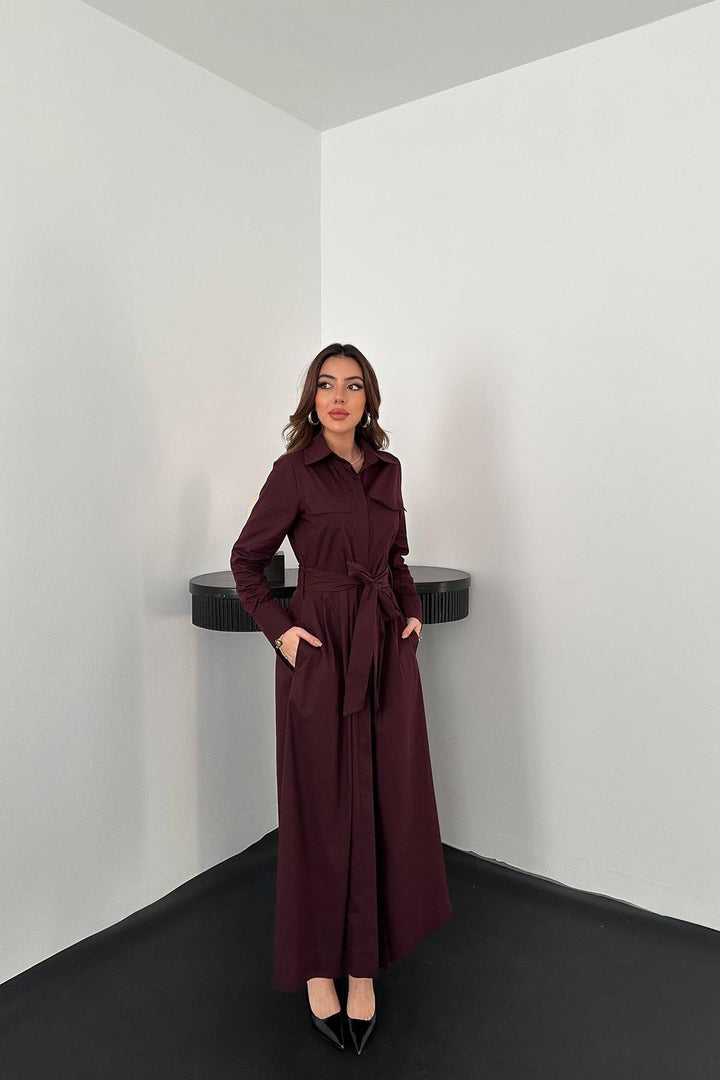 ELS Toptan Mürdüm Düğmeli Poplin Elbise - Richmond