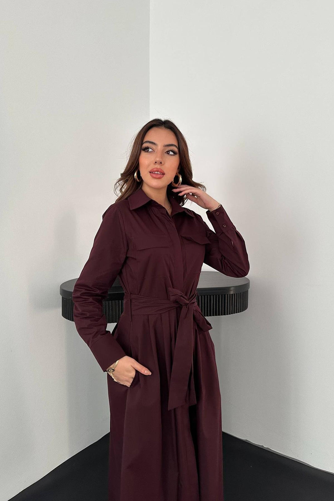 ELS Toptan Mürdüm Düğmeli Poplin Elbise - Richmond