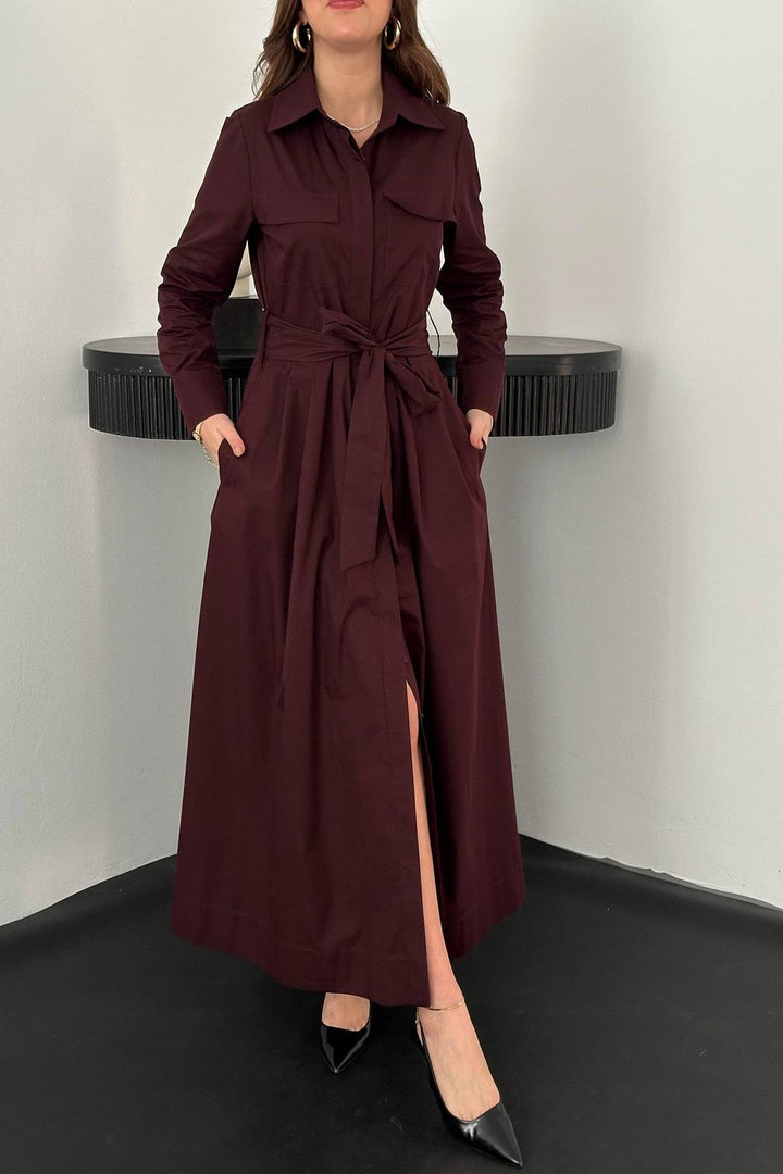 ELS Toptan Mürdüm Düğmeli Poplin Elbise - Richmond