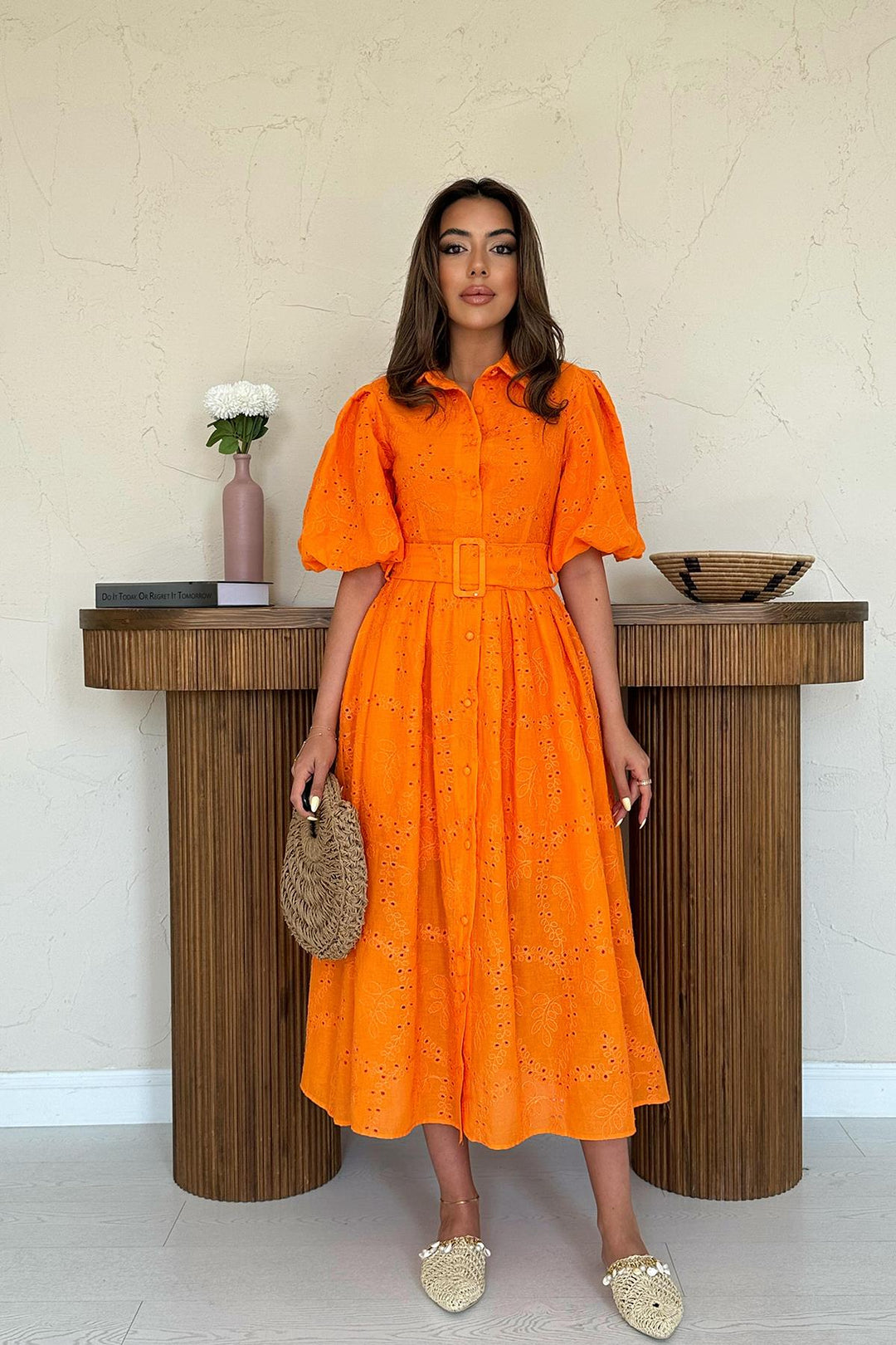 ELS Wholesale Orange Pleated Balloon Sleeve Dress - Veldhoven