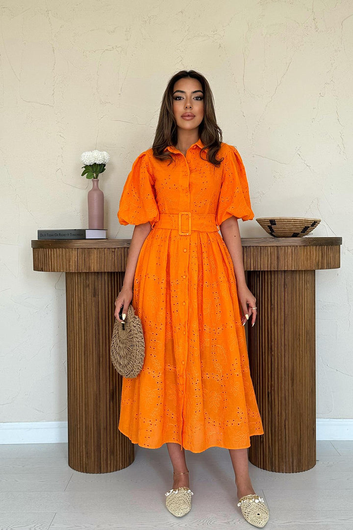 ELS Wholesale Orange Pleated Balloon Sleeve Dress - Veldhoven