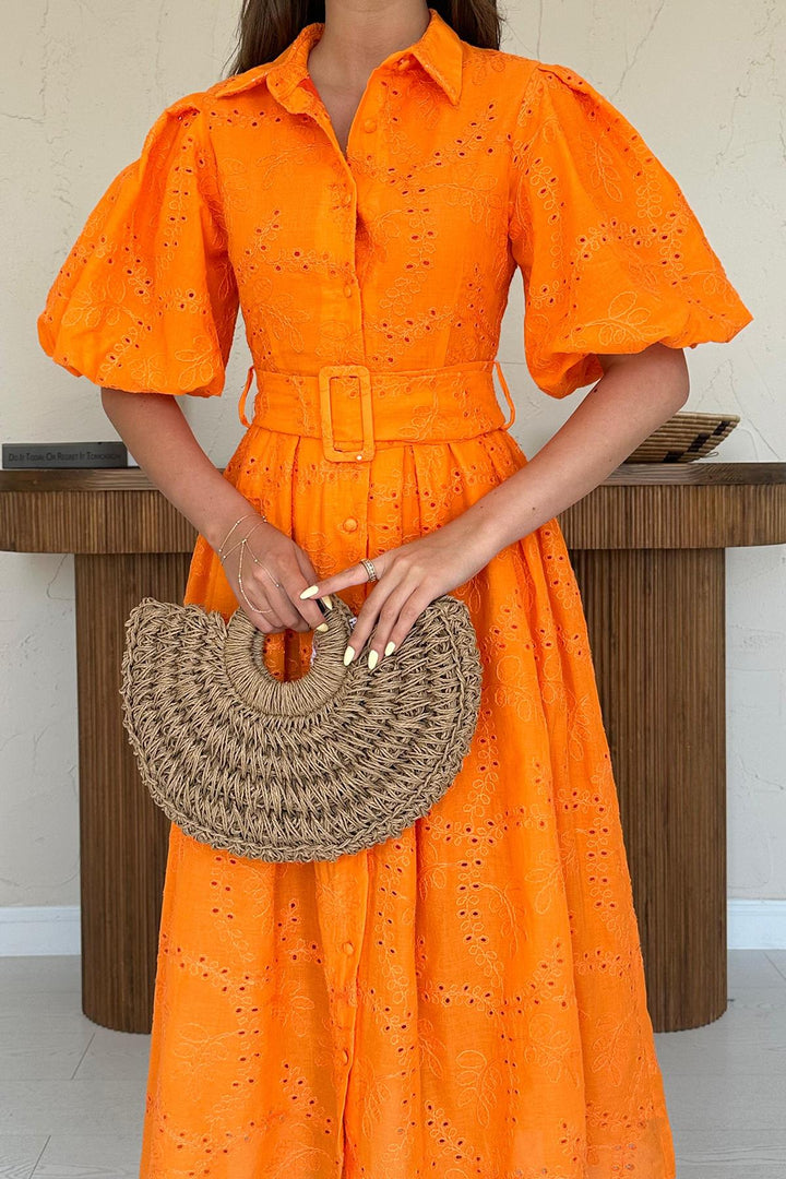 ELS Wholesale Orange Pleated Balloon Sleeve Dress - Veldhoven