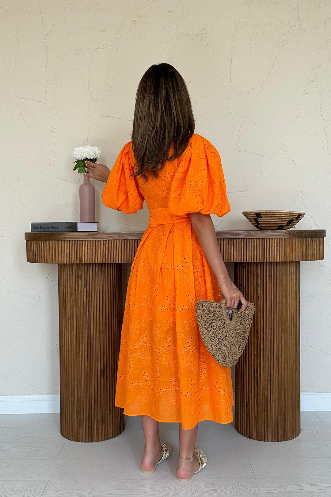 ELS Wholesale Orange Pleated Balloon Sleeve Dress - Veldhoven