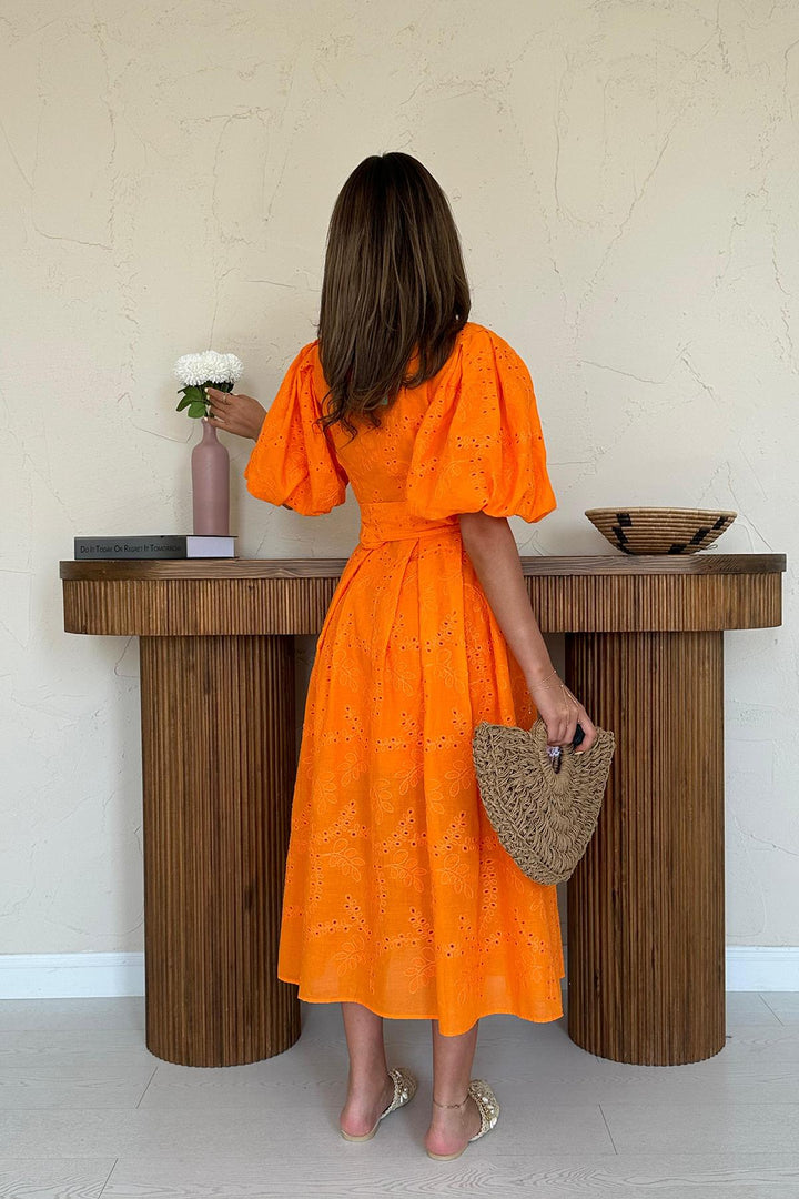 ELS Wholesale Orange Pleated Balloon Sleeve Dress - Veldhoven