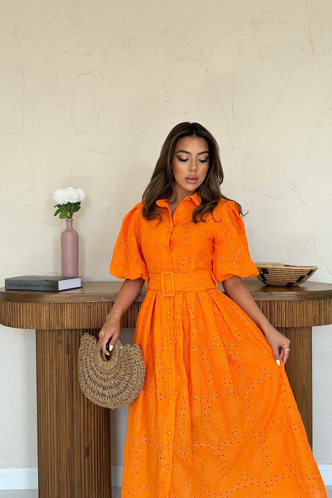 ELS Wholesale Orange Pleated Balloon Sleeve Dress - Veldhoven