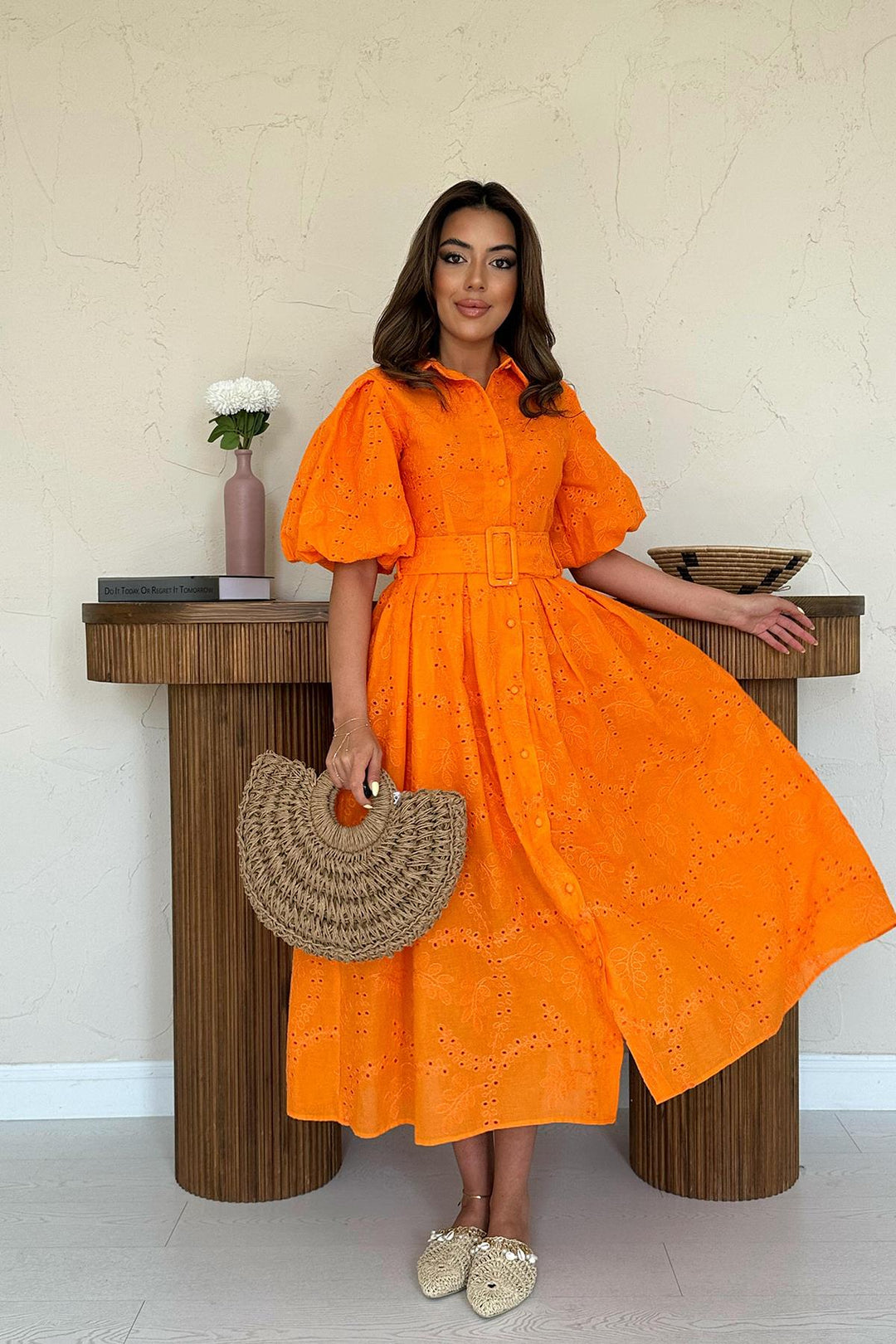 ELS Wholesale Orange Pleated Balloon Sleeve Dress - Veldhoven