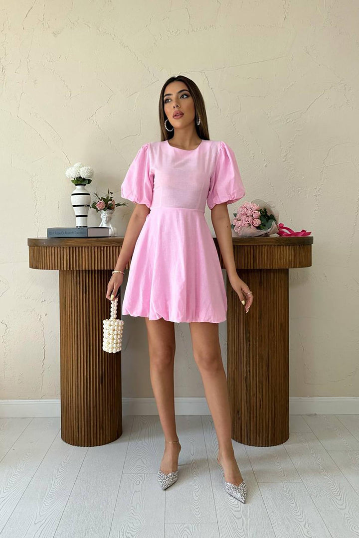 ELS Toptan Pembe Arkadan Bağlamalı Keten Elbise - Worthing