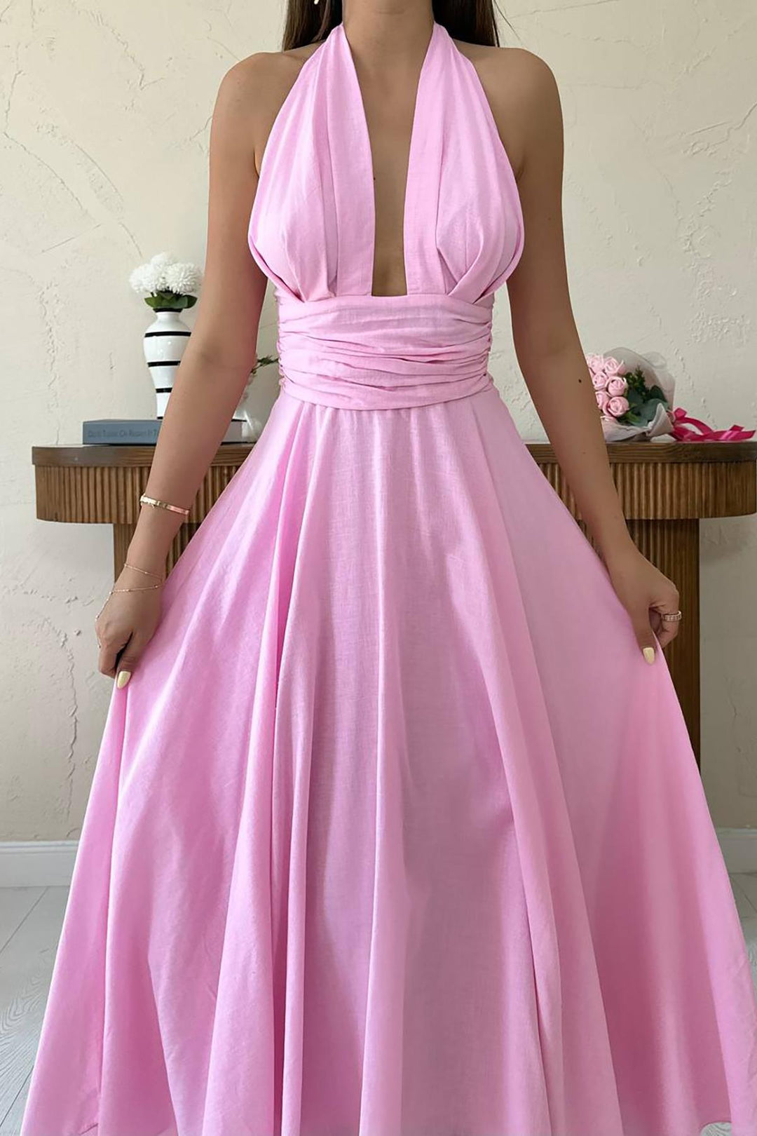 ELS Wholesale Pink Linen Dress with Straps - Twickenham