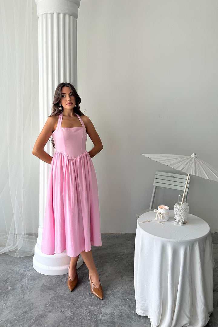 ELS Wholesale Pink Linen Dress with Neck Tie - Cagnes-sur-Mer