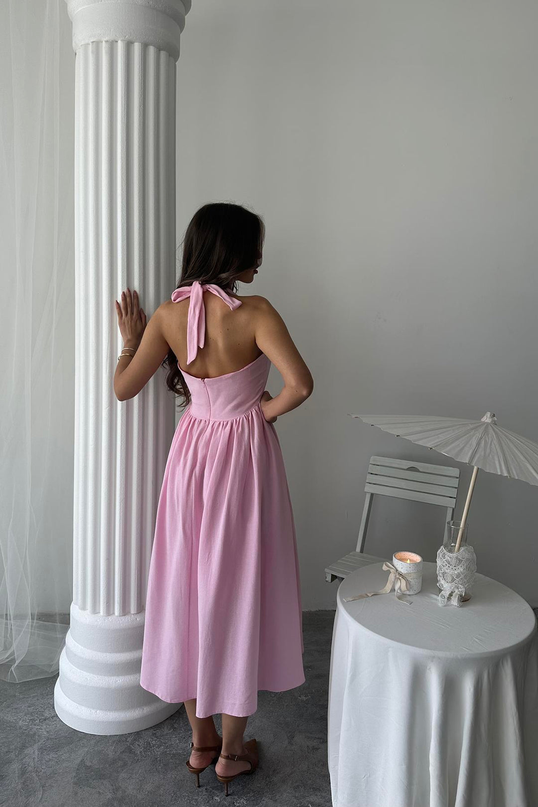 ELS Wholesale Pink Linen Dress with Neck Tie - Cagnes-sur-Mer