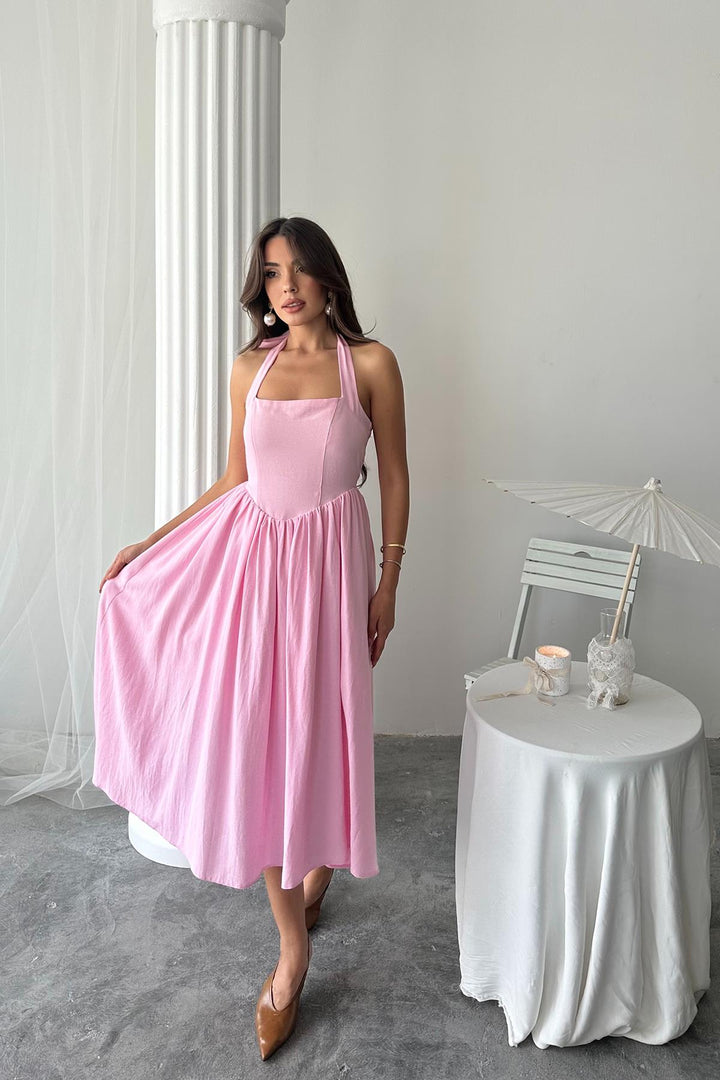 ELS Wholesale Pink Linen Dress with Neck Tie - Cagnes-sur-Mer