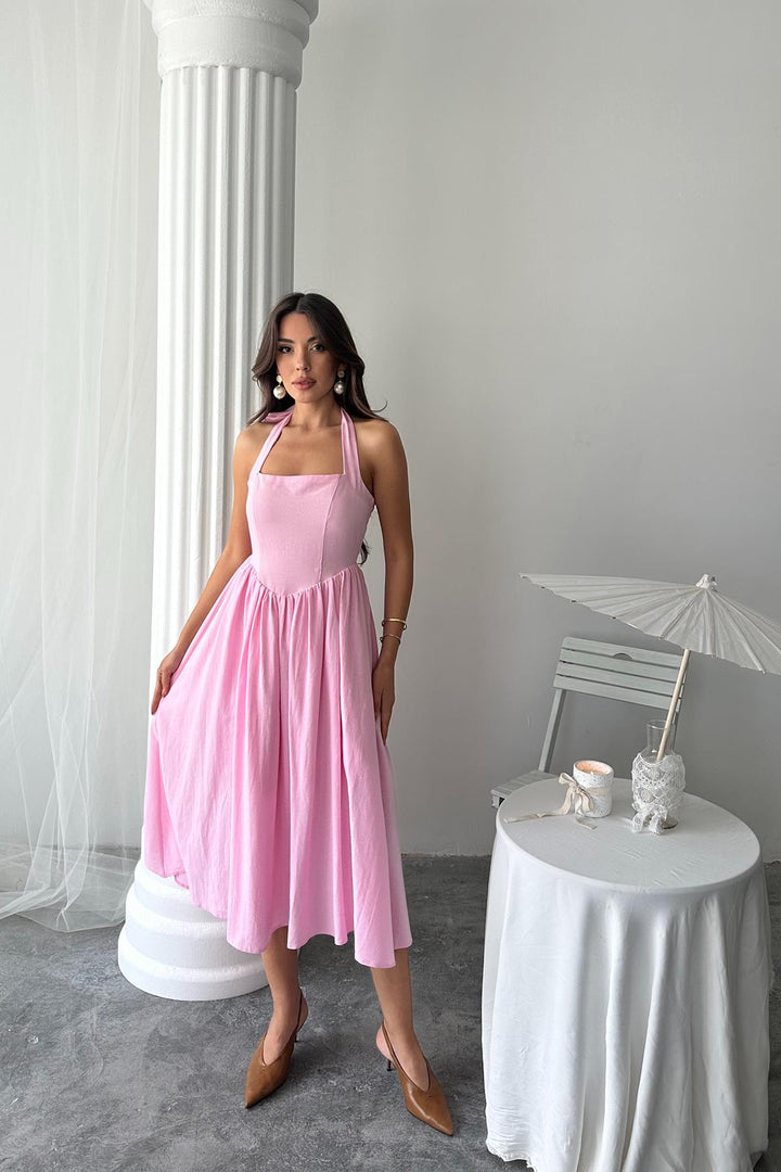 ELS Wholesale Pink Linen Dress with Neck Tie - Cagnes-sur-Mer