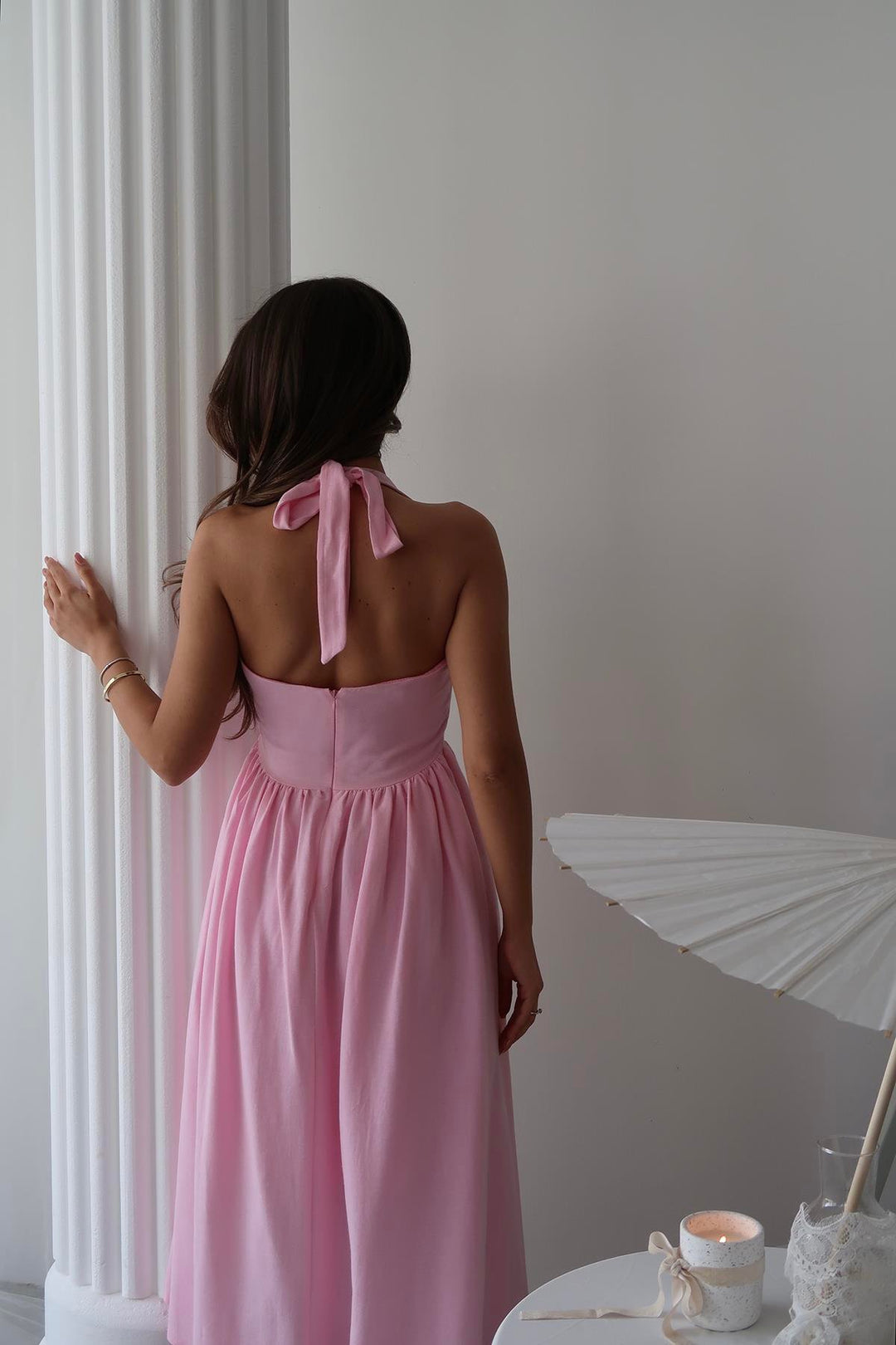 ELS Wholesale Pink Linen Dress with Neck Tie - Cagnes-sur-Mer