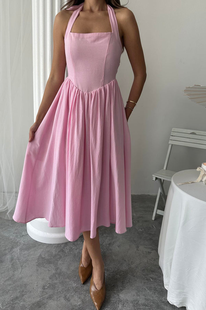ELS Wholesale Pink Linen Dress with Neck Tie - Cagnes-sur-Mer