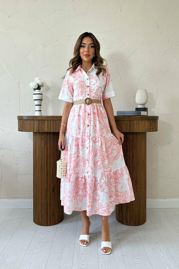 ELS Wholesale Pink Brocade Sleeve Lace-Up Dress - La Paz