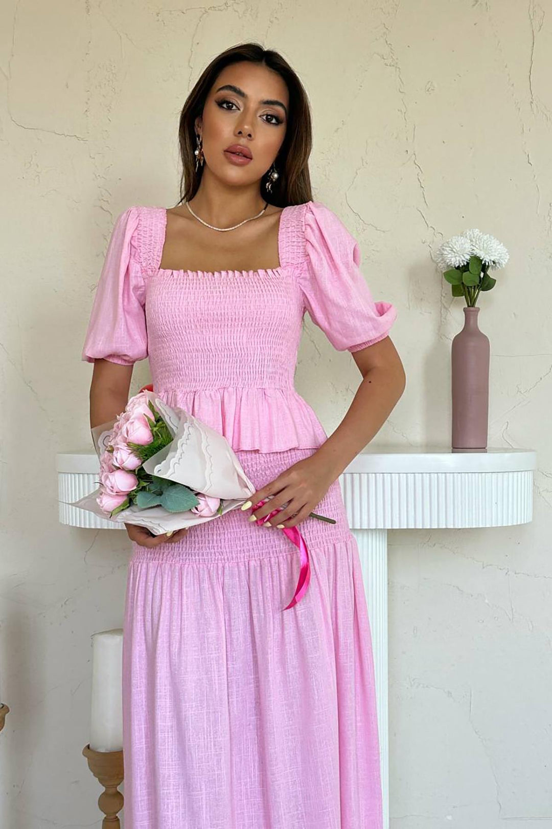 ELS Toptan Pembe Gipeli Keten Takım - Villena