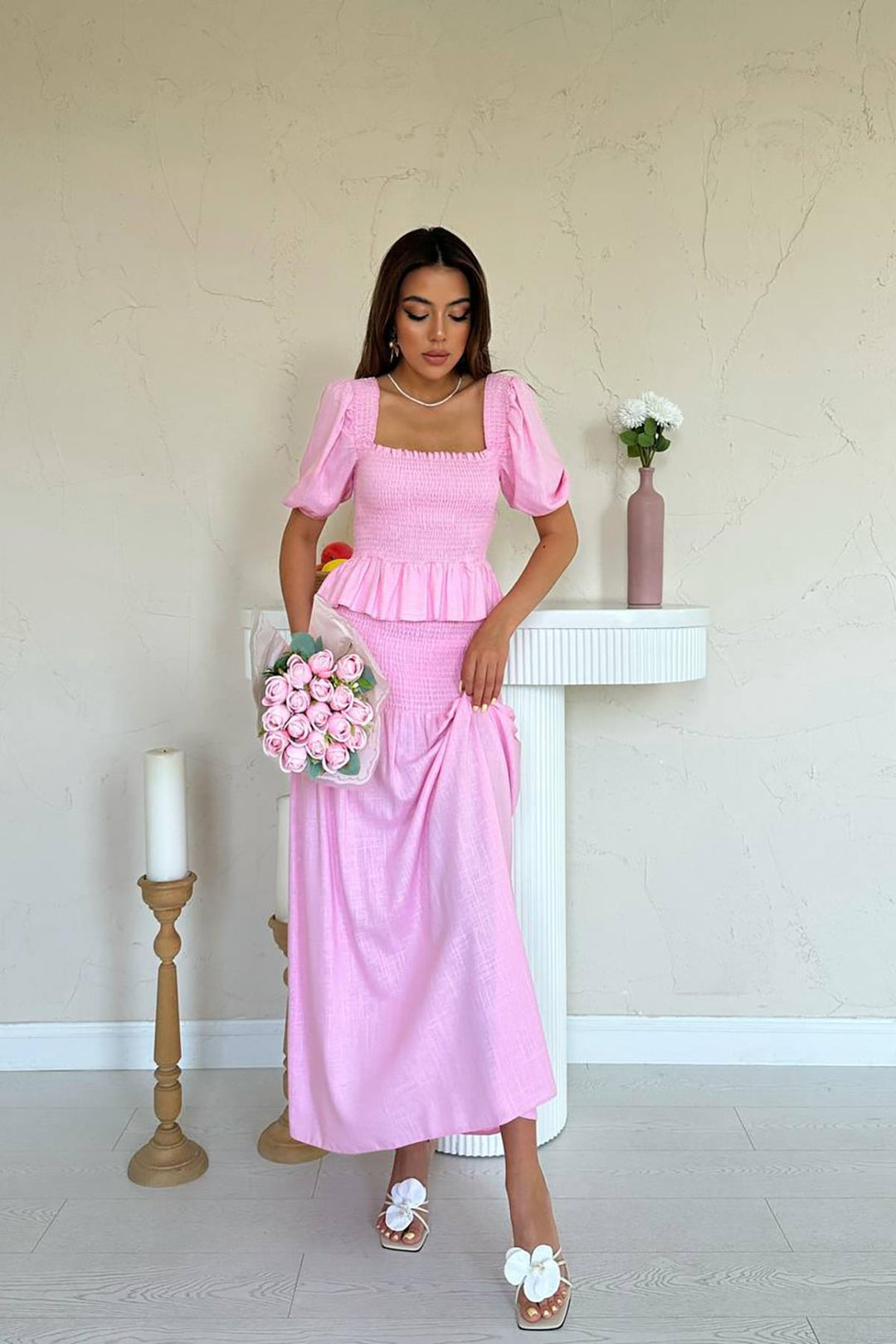 ELS Toptan Pembe Gipeli Keten Takım - Villena