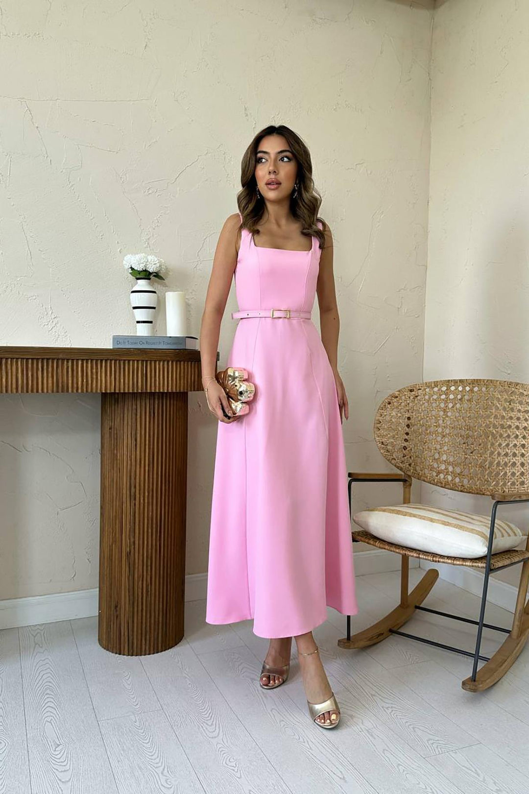 ELS Toptan Pembe Kemerli Uzun Atlas Elbise - Imperia