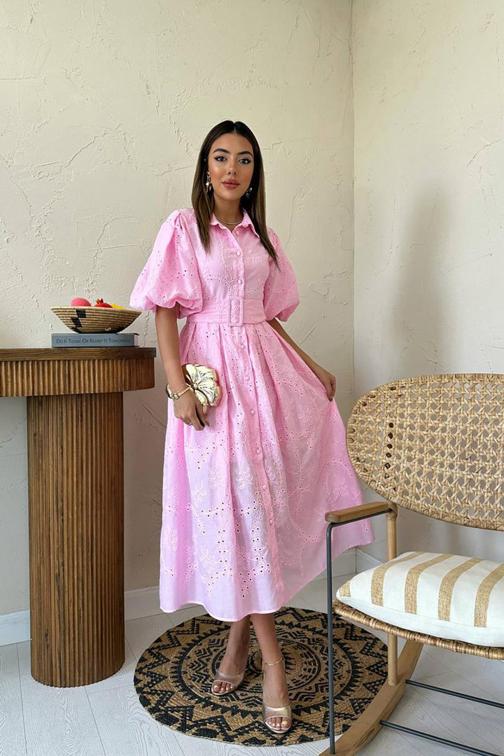 ELS Toptan Pembe Pileli Balon Kol Elbise - Gap