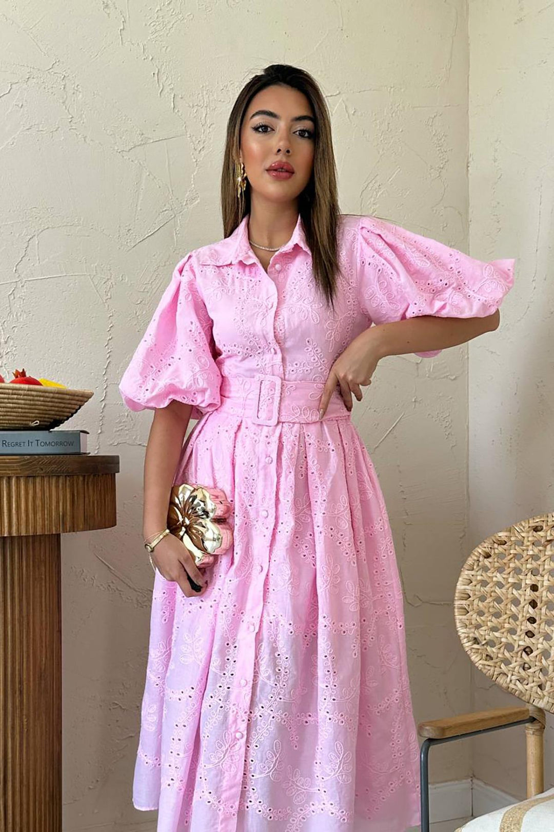 ELS Toptan Pembe Pileli Balon Kol Elbise - Gap