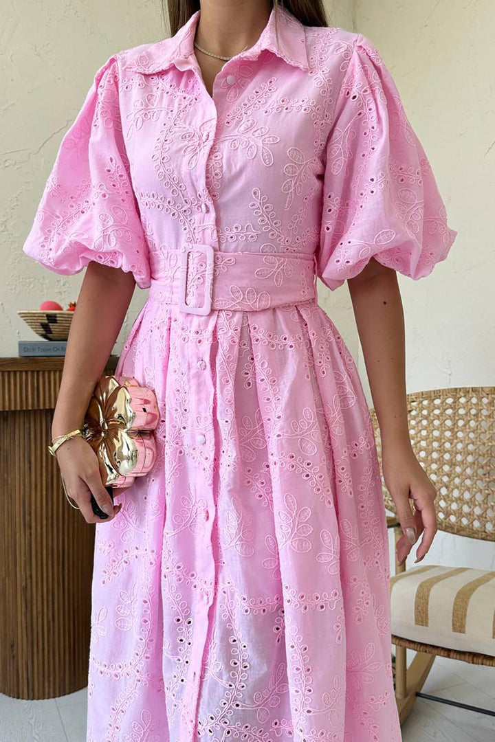 ELS Toptan Pembe Pileli Balon Kol Elbise - Gap